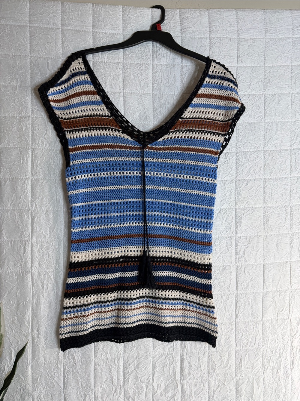 Crochet V-Neck Tunic Top in Blue, Black, Cream